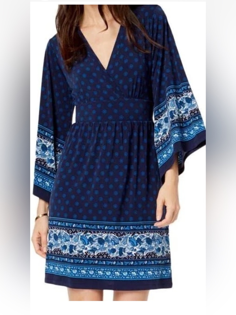 Michael Kors Navy Blue Printed V-Neck Mini Dress Size M/L